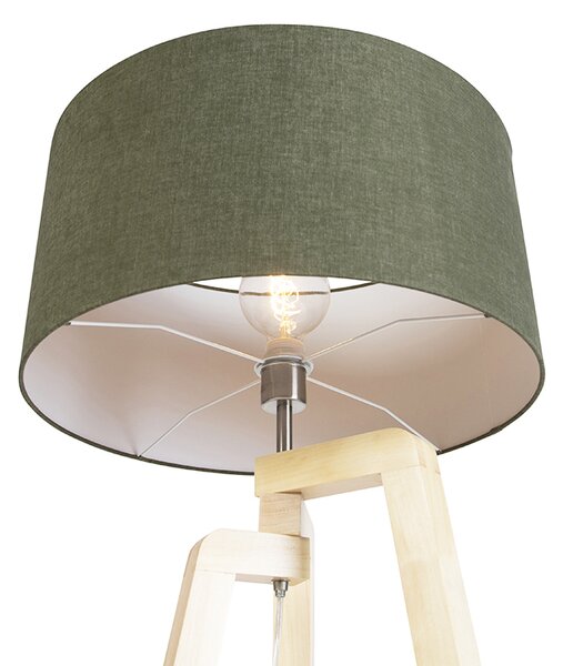 Stojací lampa na trojnožce dřevěná s stínítkem 50 cm zelená - Puros