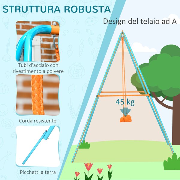 Závěsné houpací křeslo Outsunny pro děti 3-8 let, zahradní houpačka z oceli a PE se sedadlem a kotvami, 163x145x181 cm, modrá a oranžová | Aosom