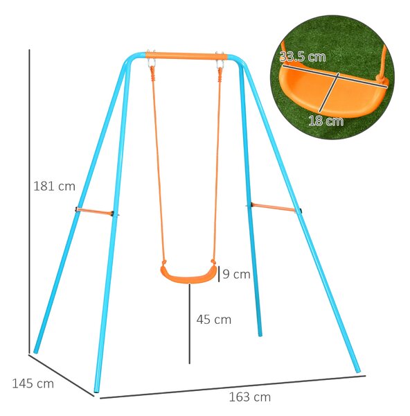 Závěsné houpací křeslo Outsunny pro děti 3-8 let, zahradní houpačka z oceli a PE se sedadlem a kotvami, 163x145x181 cm, modrá a oranžová | Aosom