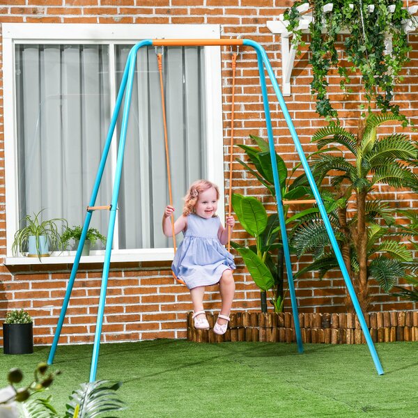 Závěsné houpací křeslo Outsunny pro děti 3-8 let, zahradní houpačka z oceli a PE se sedadlem a kotvami, 163x145x181 cm, modrá a oranžová | Aosom