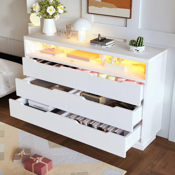 Komoda Flieks se 6 zásuvkami a otevřeným úložným prostorem, skříňka do obývacího pokoje s LED diodami, 120x40x85cm, bílá