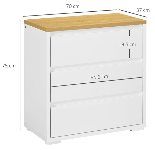 HOMCOM Bílá Komoda se 3 Zásuvkami z Dřevotřísky pro Ložnici, Kancelář a Obývací Pokoj, 70x37x75cm | Aosom