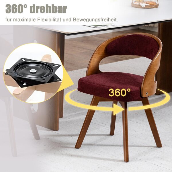 LVHOM, sada 2 ks otočných jídelních židlí (360°), čalouněné židle ve skandinávském stylu s bukovými nohami, ergonomické kuchyňské židle, vínově červené
