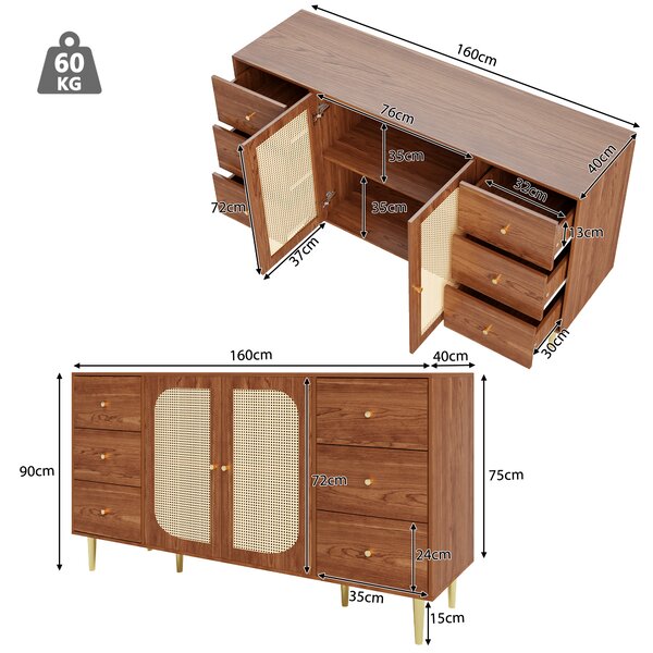 Komoda Flieks z ratanu se 2 dvířky a 6 zásuvkami, skříňka do obývacího pokoje 160x40x90 cm, stojící skříňka TV stolek, barva dřeva