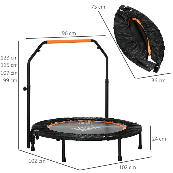 HOMCOM 102 cm Fitness Trampolína, Skládací Mini Trampolína s Ovládacím Madlem s Čtyřmi Nastavitelnými Výškami, Fitness Rebounder pro Dospělé, do 100 k