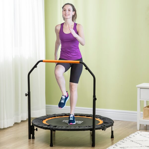 HOMCOM 102 cm Fitness Trampolína, Skládací Mini Trampolína s Ovládacím Madlem s Čtyřmi Nastavitelnými Výškami, Fitness Rebounder pro Dospělé, do 100 k