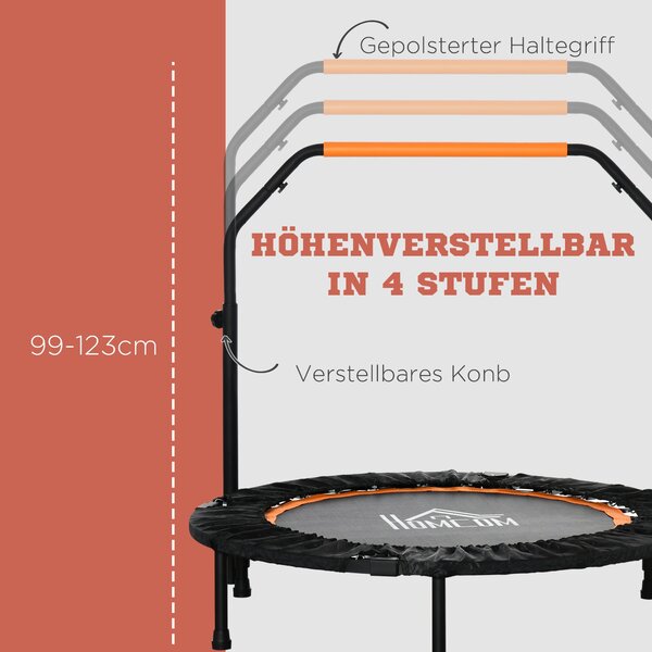 HOMCOM 102 cm Fitness Trampolína, Skládací Mini Trampolína s Ovládacím Madlem s Čtyřmi Nastavitelnými Výškami, Fitness Rebounder pro Dospělé, do 100 k