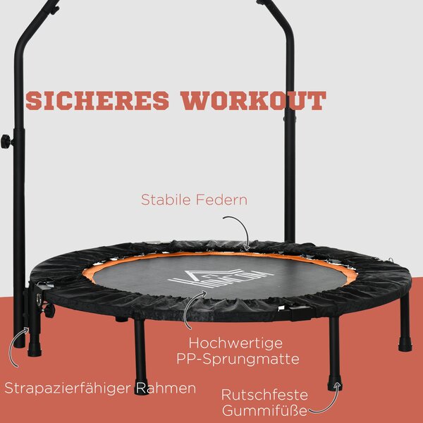 HOMCOM 102 cm Fitness Trampolína, Skládací Mini Trampolína s Ovládacím Madlem s Čtyřmi Nastavitelnými Výškami, Fitness Rebounder pro Dospělé, do 100 k