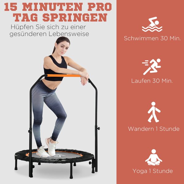 HOMCOM 102 cm Fitness Trampolína, Skládací Mini Trampolína s Ovládacím Madlem s Čtyřmi Nastavitelnými Výškami, Fitness Rebounder pro Dospělé, do 100 k
