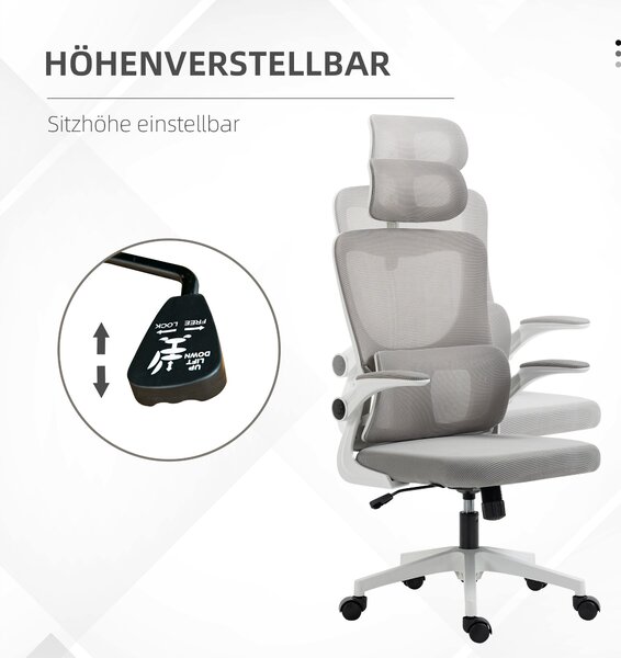 Ergonomická kancelářská židle Vinsetto, pracovní židle s nastavitelnými opěrkami, opěrkou hlavy, naklápěcí funkcí, výškově nastavitelná otáčecí židle