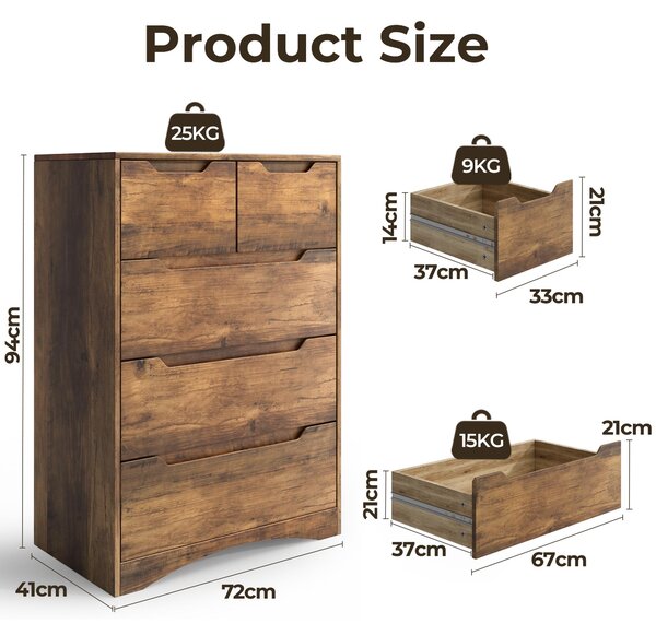 Komoda Bealife 72x41x94 cm | 3 + 2 zásuvky | Retro barva | Vyrobeno z MDF | S ochranou proti převrácení a s pojezdy zásuvek | AP23