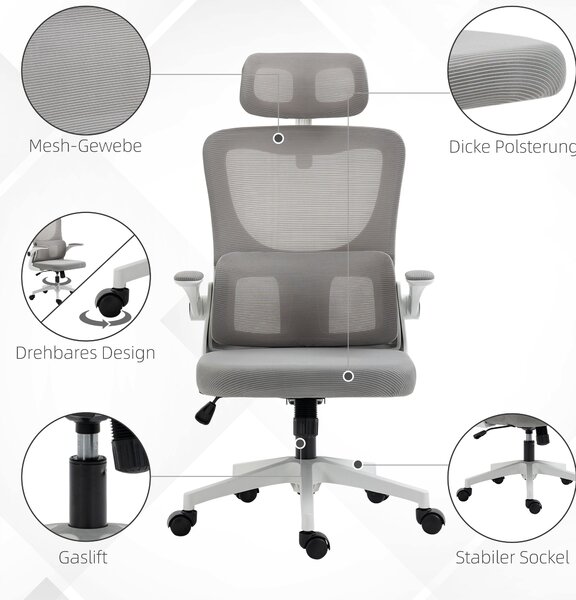Ergonomická kancelářská židle Vinsetto, pracovní židle s nastavitelnými opěrkami, opěrkou hlavy, naklápěcí funkcí, výškově nastavitelná otáčecí židle