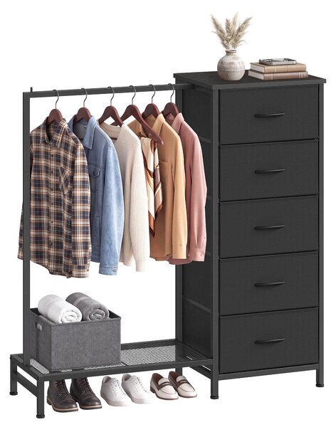 SONGMICS, stojan na oblečení 3 v 1 s 5 zásuvkami a věšákovou tyčí, rozměry 96,2 x 30 x 117,7 cm, černá barva