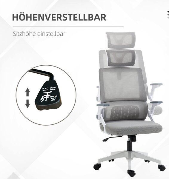 Ergonomická kancelářská židle Vinsetto, kancelářská židle s nastavitelnou opěrkou hlavy, počítačová židle s otočnou funkcí a houpáním, s bederní oporo