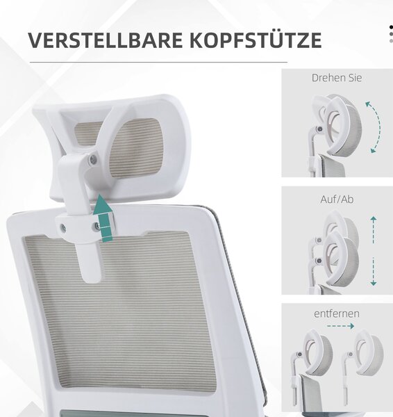 Ergonomická kancelářská židle Vinsetto, kancelářská židle s nastavitelnou opěrkou hlavy, počítačová židle s otočnou funkcí a houpáním, s bederní oporo