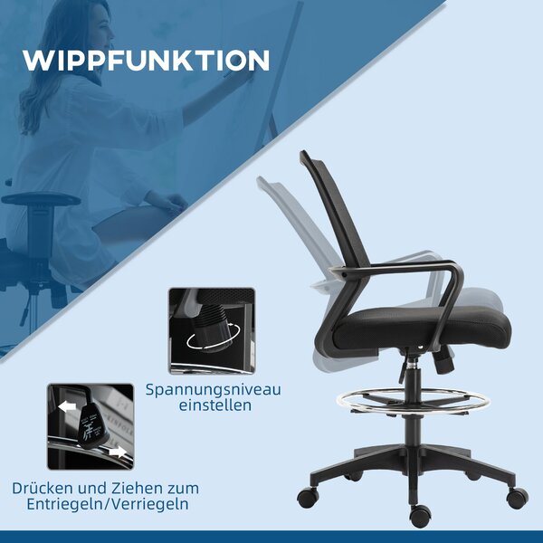 Vinsetto Ergonomická kancelářská židle s nastavitelým opěrným kruhem, bederní oporou, výškově nastavitelná otočná židle s síťovinou, návrhářská židle