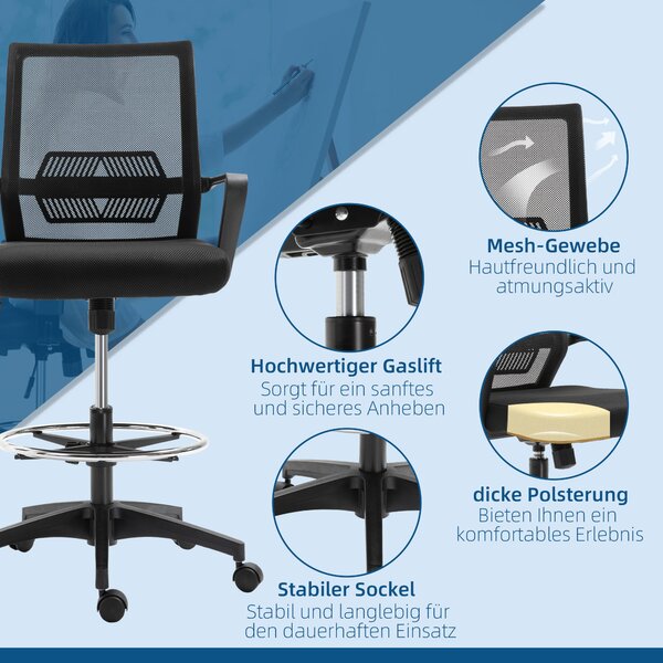 Vinsetto Ergonomická kancelářská židle s nastavitelým opěrným kruhem, bederní oporou, výškově nastavitelná otočná židle s síťovinou, návrhářská židle