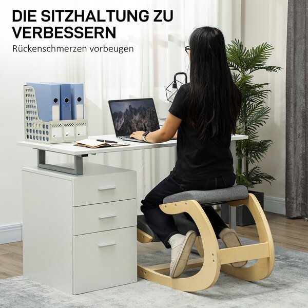 HOMCOM Ergonomická Kolení Židle, Dřevěná Kolení Židle, Kancelářská Židle do Domácí Kanceláře, Zdravotní Židle pro Zlepšení Držení Těla, Šedá | Aosom