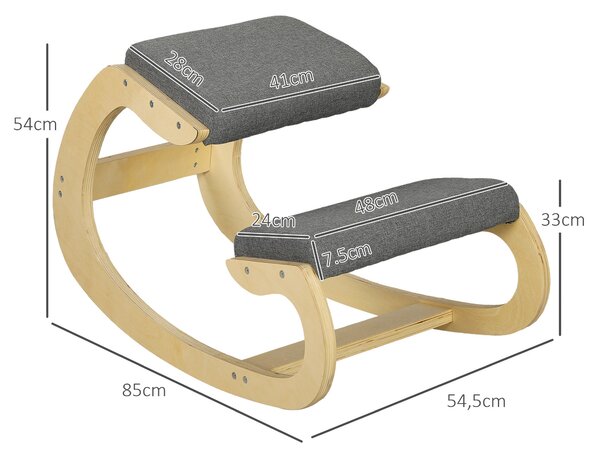 HOMCOM Ergonomická Kolení Židle, Dřevěná Kolení Židle, Kancelářská Židle do Domácí Kanceláře, Zdravotní Židle pro Zlepšení Držení Těla, Šedá | Aosom