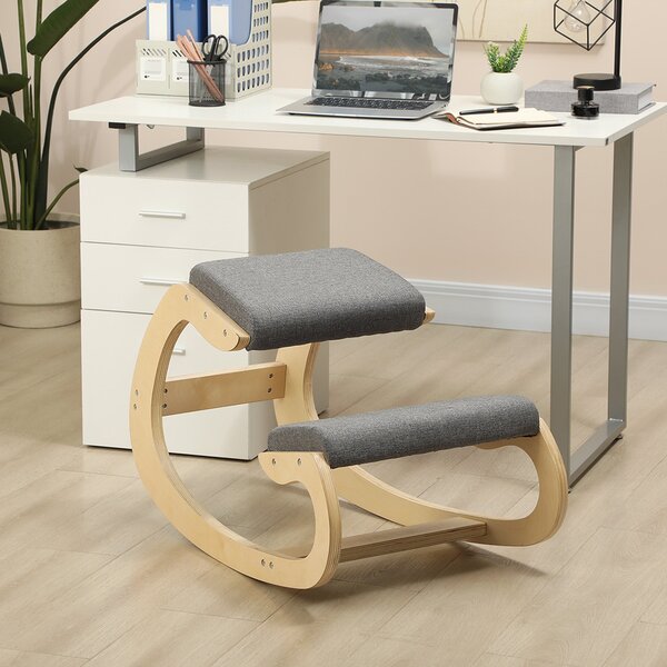 HOMCOM Ergonomická Kolení Židle, Dřevěná Kolení Židle, Kancelářská Židle do Domácí Kanceláře, Zdravotní Židle pro Zlepšení Držení Těla, Šedá | Aosom