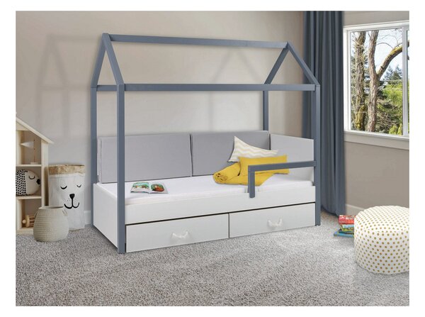 Dětská postel domeček se zábranou 90x200 SONTRA 2 - bílá / grafitová