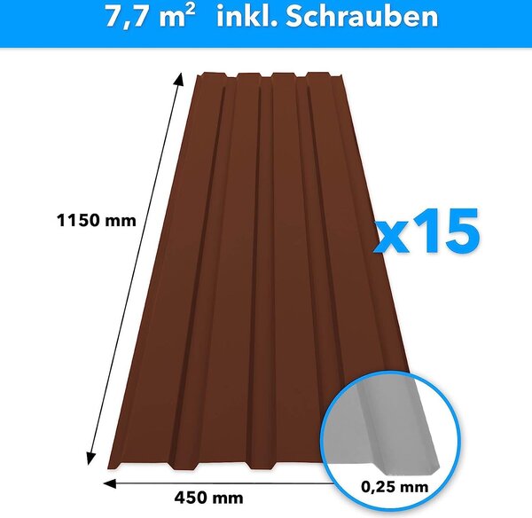 15 kusů trapézového plechu 115x45 cm Profibusový plech SET včetně 100 šroubů 7,7 m² Hnědý