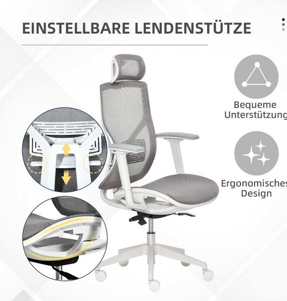 Kancelářská židle Vinsetto s opěrkou hlavy, bederním polštářem a 3D područky – 3 nastavení, 360° otočná kola, výškově nastavitelná, ergonomická, šedá