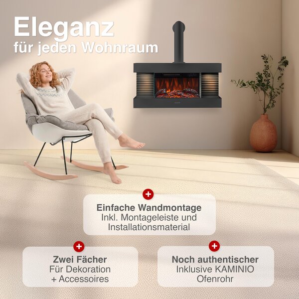 KAMINIO Elektrický krb LIZ s kouřovodem – Elektrický nástěnný krb s topením, 3D efektem plamenů, LED ambientním osvětlením, dálkovým ovládáním – černý