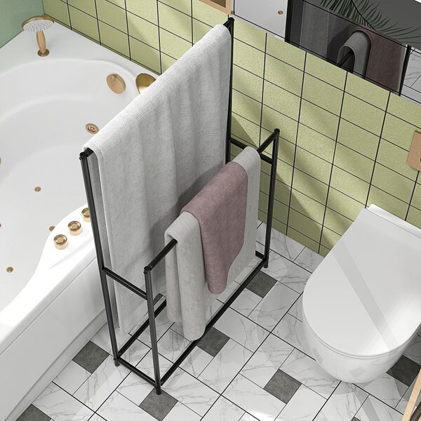 HOMCOM Stojan na ručníky, volně stojící držák na ručníky se 2 tyčemi, držák na koupelnové ručníky, kov, 66 x 20 x 110 cm, černý | Aosom