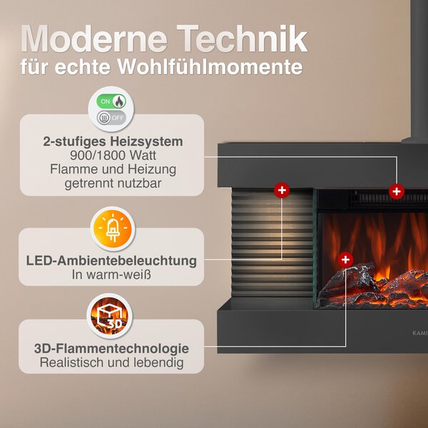KAMINIO Elektrický krb LIZ s kouřovodem – Elektrický nástěnný krb s topením, 3D efektem plamenů, LED ambientním osvětlením, dálkovým ovládáním – černý