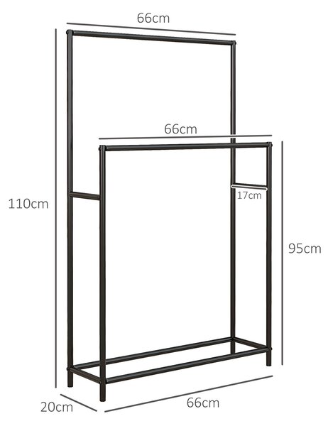 HOMCOM Stojan na ručníky, volně stojící držák na ručníky se 2 tyčemi, držák na koupelnové ručníky, kov, 66 x 20 x 110 cm, černý | Aosom