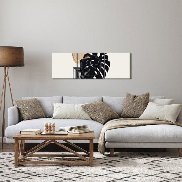 Obraz - Abstrakce s tropickými listy N⁰2 (s hodinami) (90x30 cm)