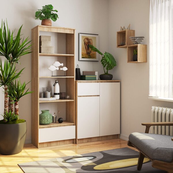 Ak furniture Kancelářský regál Rexa 60 cm 1 šuplík a 4 police dub sonoma/bílý
