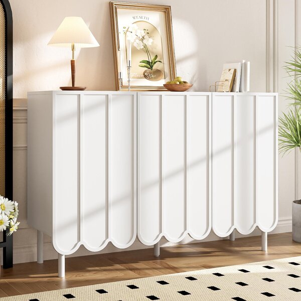 Sweiko moderní bílý příborník s vlnitými dvířky - 120x35x80 cm - bez úchytek, nastavitelné police - úložný prostor do obývacího pokoje, předsíně a jídelny