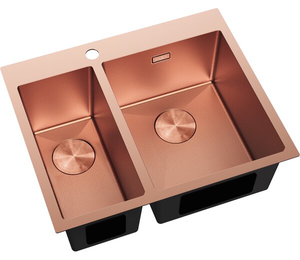Mexen Flexo, 1.5-komorový nerezový dřez 610 x 510 mm, broušená měď, vzor voština, 6446611500-65HC
