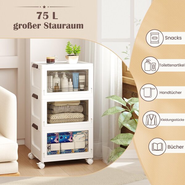 COSTWAY 75 l skládací úložný box s víkem, sada 3 plastových boxů, úložné kontejnery s kolečky a dvířky, stohovací boxy, 41x31,5x72,5 cm, bílá barva