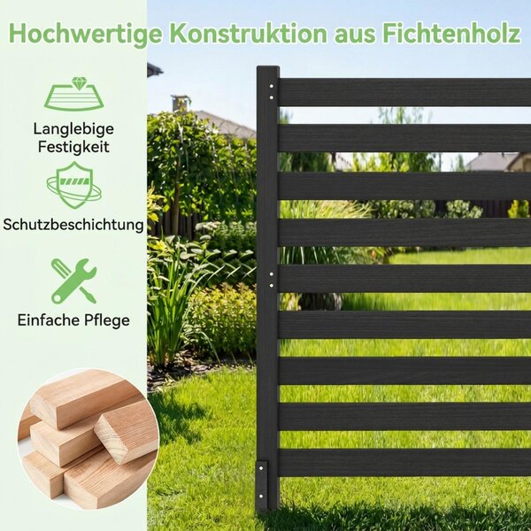 COSTWAY 2dílný zahradní plot, plot 98 x 107 cm se 3 dřevěnými sloupky, plot na ochranu soukromí z jedlového dřeva, zasouvací lamelový plot, samostatně stojící plot na ochranu soukromí, černý