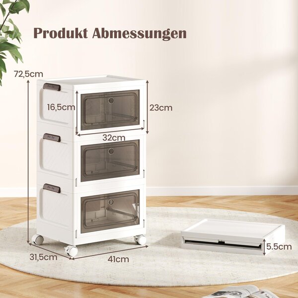 COSTWAY 75 l skládací úložný box s víkem, sada 3 plastových boxů, úložné kontejnery s kolečky a dvířky, stohovací boxy, 41x31,5x72,5 cm, bílá barva