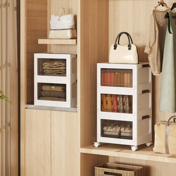 COSTWAY 75 l skládací úložný box s víkem, sada 3 plastových boxů, úložné kontejnery s kolečky a dvířky, stohovací boxy, 41x31,5x72,5 cm, bílá barva