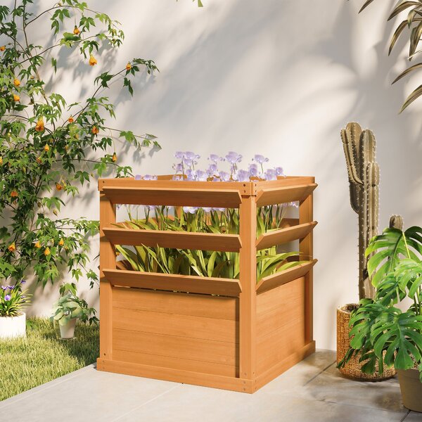Vyvýšený záhon s treláží Outsunny s otevřeným dnem, dřevěný květinový box 65x65x60cm pro zahradní balkon, květináč pro popínavé rostliny, košíkové ros