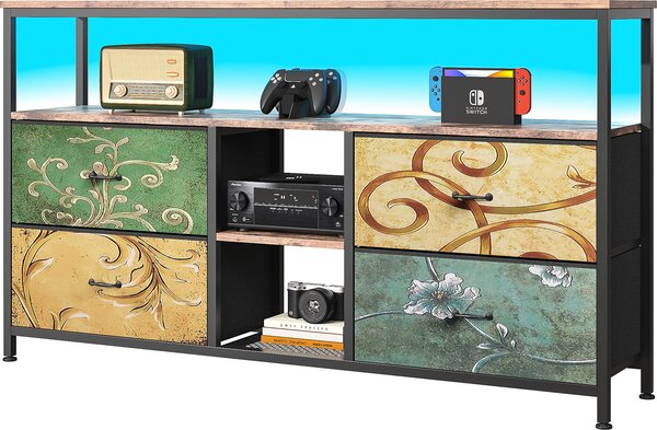 Multifunkční nábytek komoda, TV komoda v barevné paletě tygří kůže se 4 látkovými zásuvkami z tygří kůže, LED osvětlení, úložný toaletní stolek a úložná kuchyňská skříňka, 137 cm