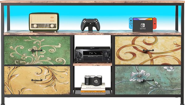 Multifunkční nábytek komoda, TV komoda v barevné paletě tygří kůže se 4 látkovými zásuvkami z tygří kůže, LED osvětlení, úložný toaletní stolek a úložná kuchyňská skříňka, 137 cm