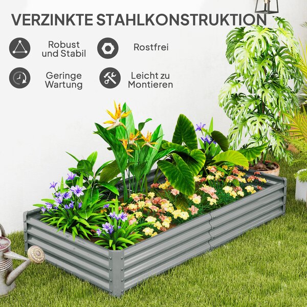 Outsunny Ocelový Vyvýšený Záhon, Počasí Odolný Záhon s Bezpečnostním Okrajem pro Skleníky, 180 x 90 x 30 cm pro Zahradu a Balkon, Záhon pro Květiny a