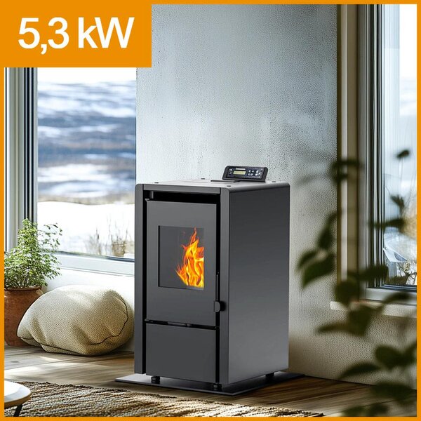 NEMAXX® PC5 peletová kamna 5,3 kW A+ do 120 m³ – ECO & Chrono, WiFi ready, displej, dálkové ovládání, ochrana proti přehřátí – Černá