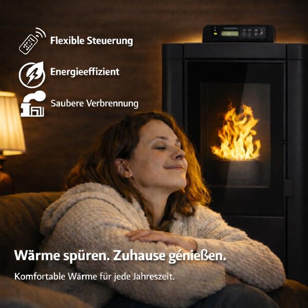 NEMAXX® PC5 peletová kamna 5,3 kW A+ do 120 m³ – ECO & Chrono, WiFi ready, displej, dálkové ovládání, ochrana proti přehřátí – Černá