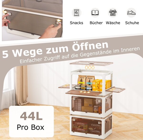Úložné boxy COSTWAY s víkem, sada 3 stohovatelných boxů na kolečkách, skládací boxy, přístupné z 5 stran, plastové, bezpečný uzávěr, průhledné (132L)
