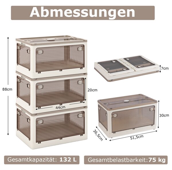 Úložné boxy COSTWAY s víkem, sada 3 stohovatelných boxů na kolečkách, skládací boxy, přístupné z 5 stran, plastové, bezpečný uzávěr, průhledné (132L)