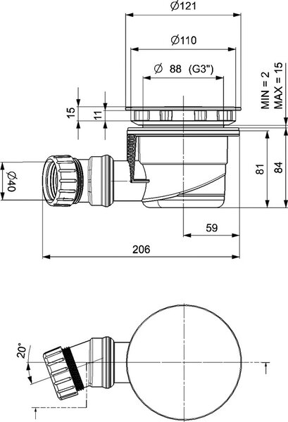Sifon do sprchové vaničky, průměr 90 mm, DN40, matný bílý kryt