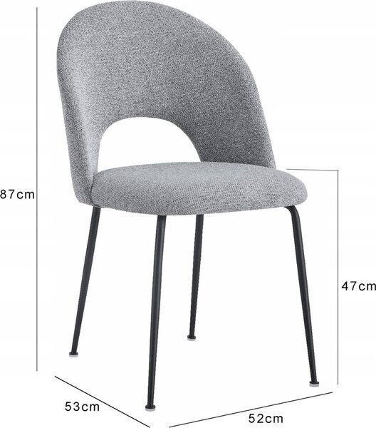Šedá čalouněná židle moderní Megan - jídelní židle ve skandinávském loftovém stylu s kovovými nohami, ergonomická a pohodlná