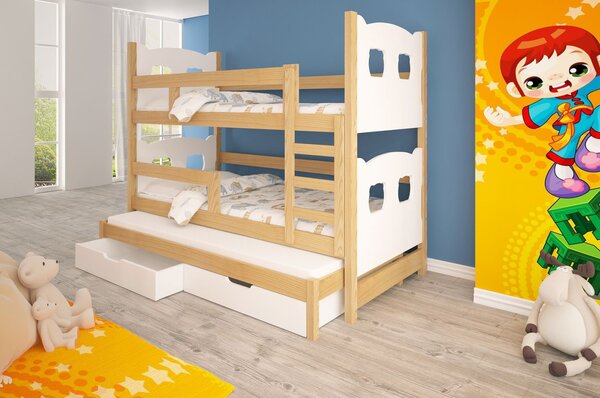 Dětská patrová postel pro tři KALA 1 - 75x180, borovice / bílá